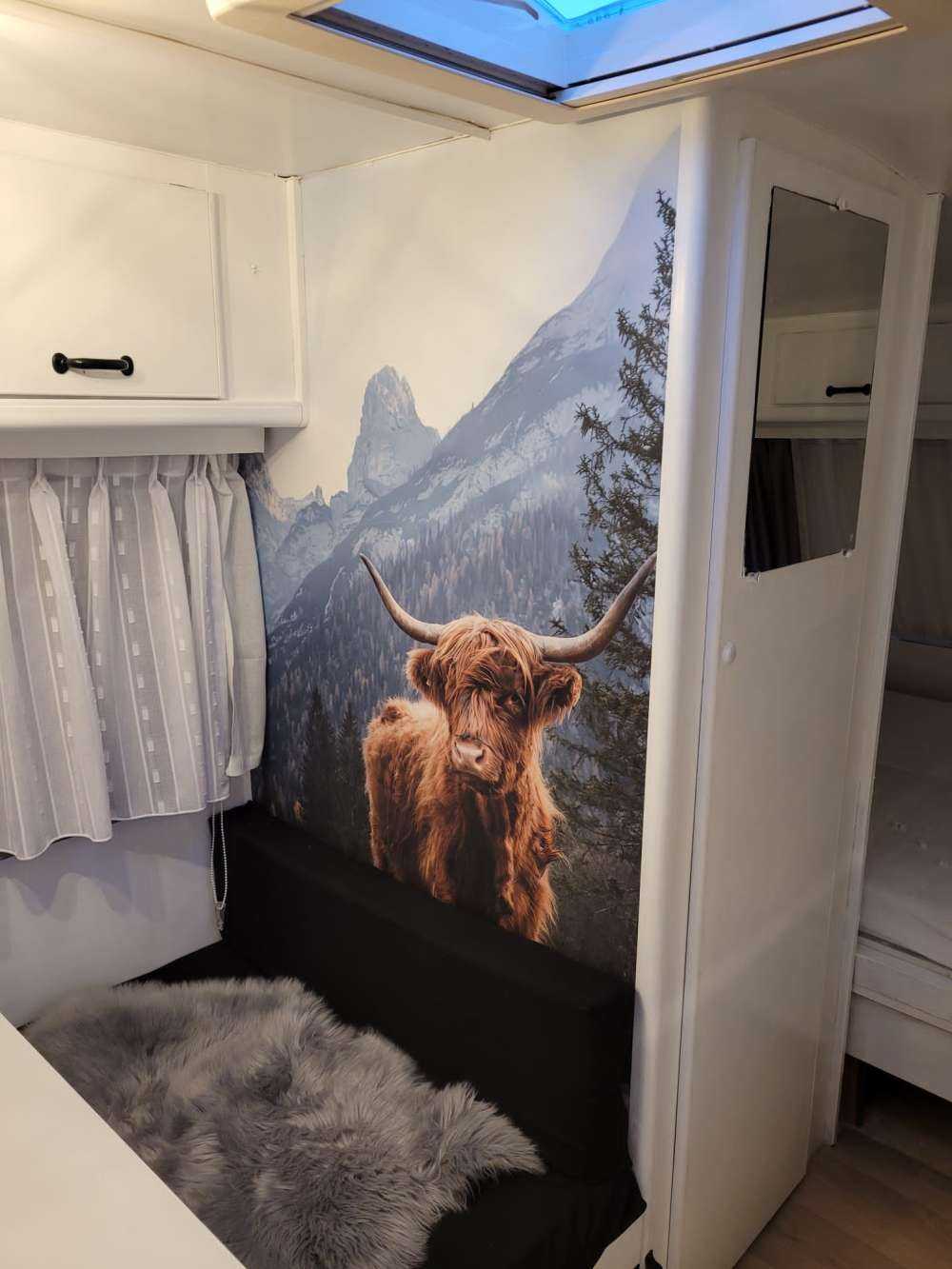 Schottischer Hochländer zwischen den Bäumen