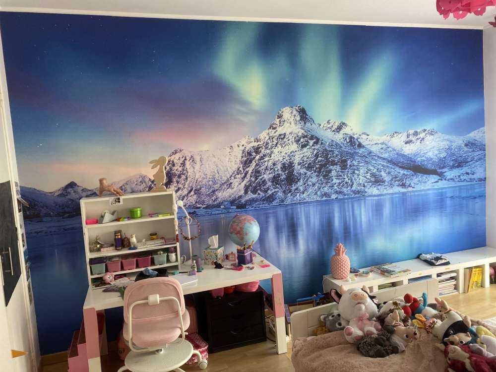 Nordlicht über einem zugefrorenen Ozean und Bergen