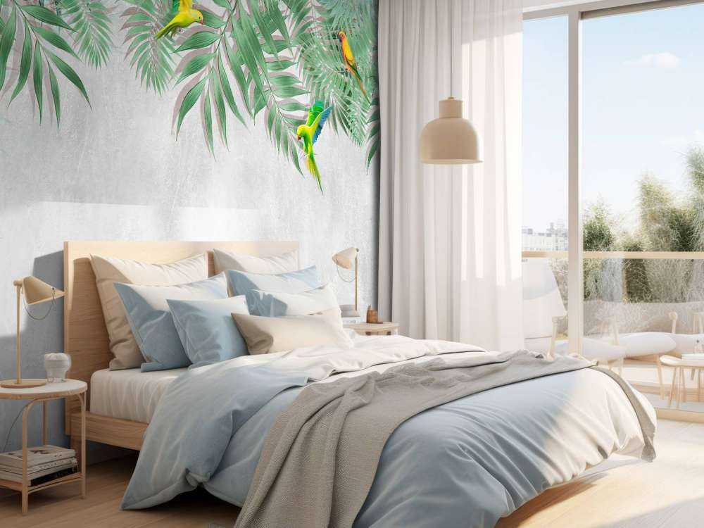 Tropische Blätter und Sittiche