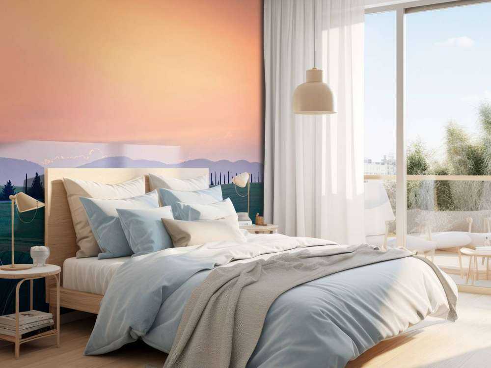 Italienische Landschaft mit orangefarbenem Himmel