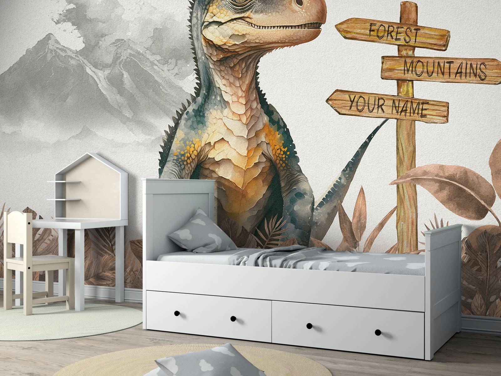 Baby-Velociraptor im taupefarbenen Dschungel