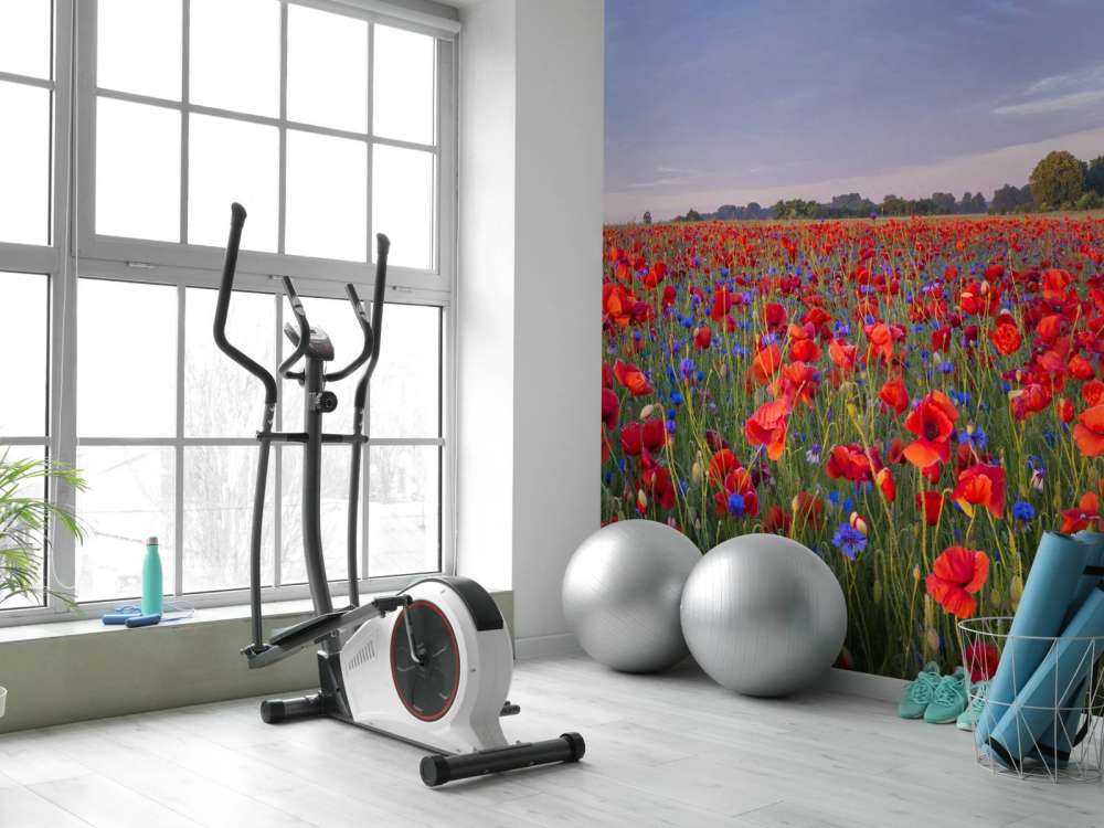Blaue Blumen und rote Mohnblumen