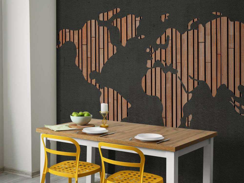 Weltkarte mit Holztafeln