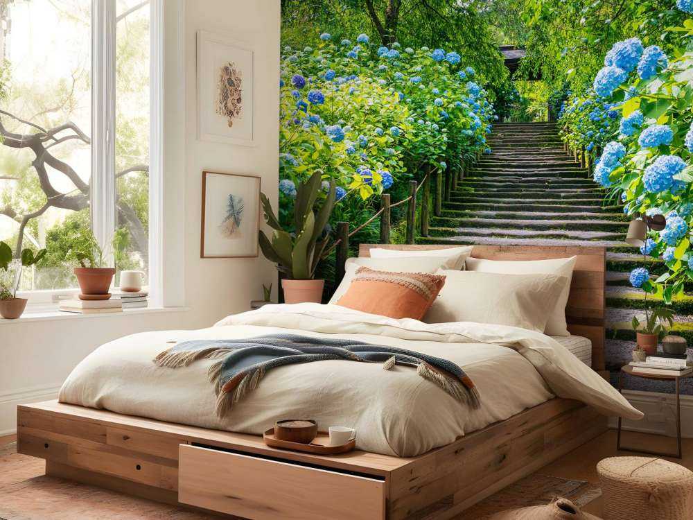 Treppe zwischen Hortensien