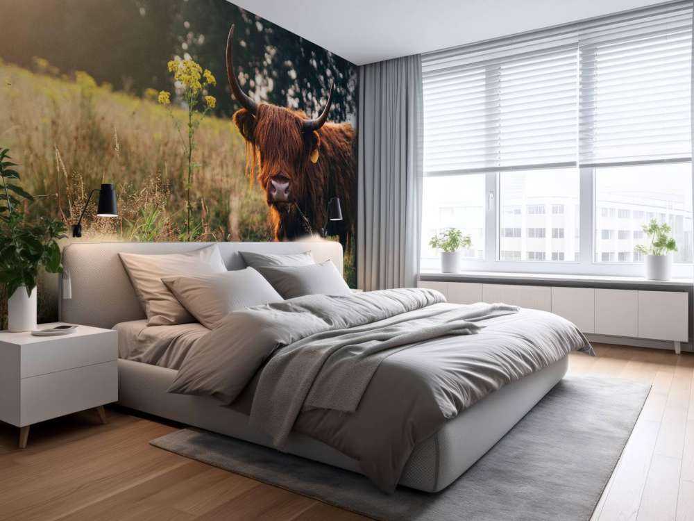 Schottischer Hochländer im hohen Gras