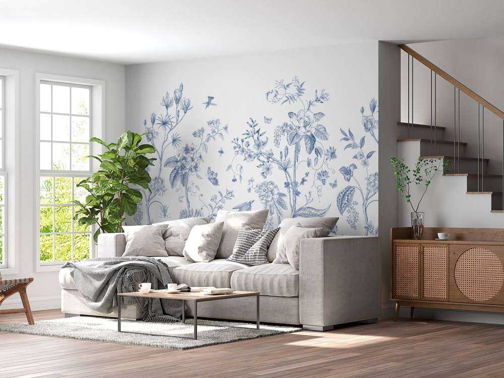 Florale Illustration, blau und weiß