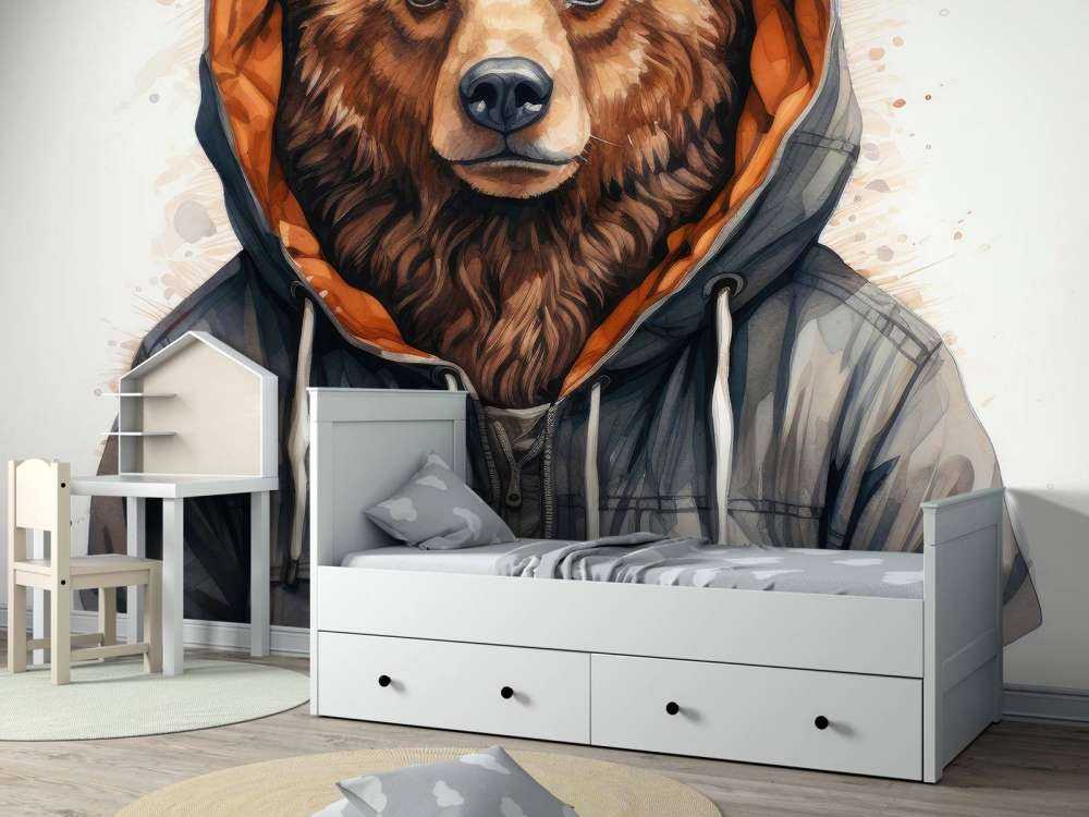 Aquarell-Cartoon-Grizzlybär in einem Hoodie