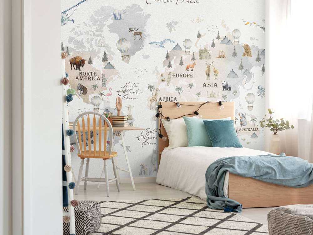 Weltkarte mit verschiedenen Tieren