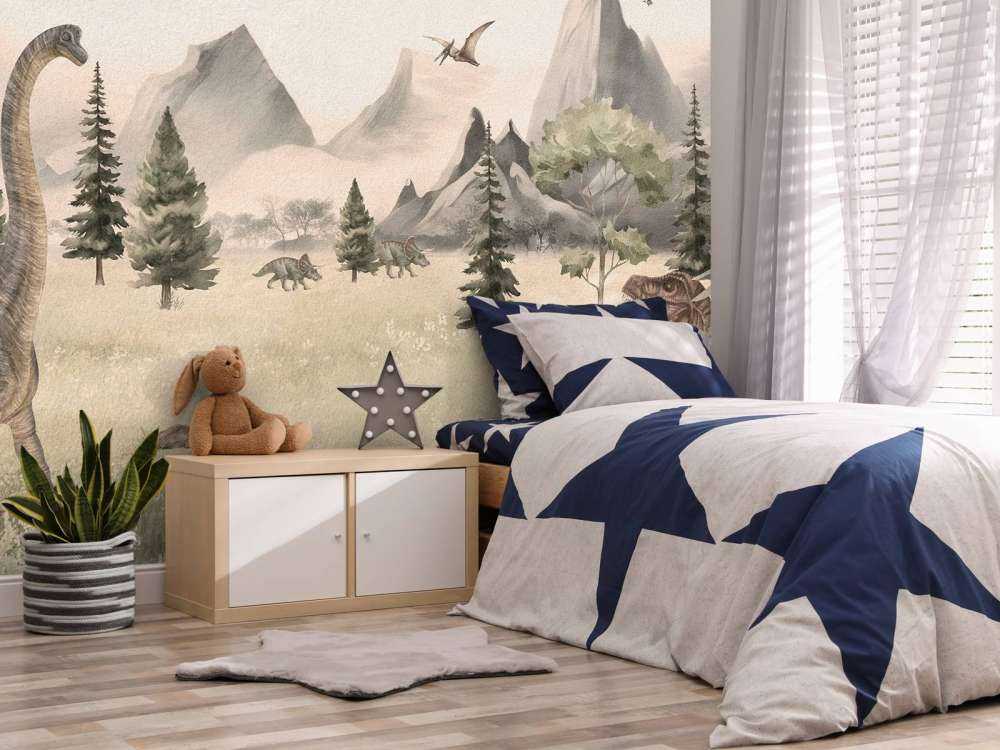 Landschaft mit Dinosauriern in beige