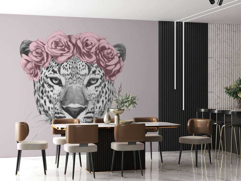 Fototapete - Leopard mit rosa Blumen - Fototapete