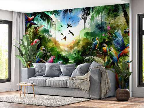 Watercolor Tropical Birds In The Jungle
