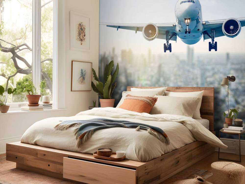 Absteigendes Flugzeug über einer Stadt