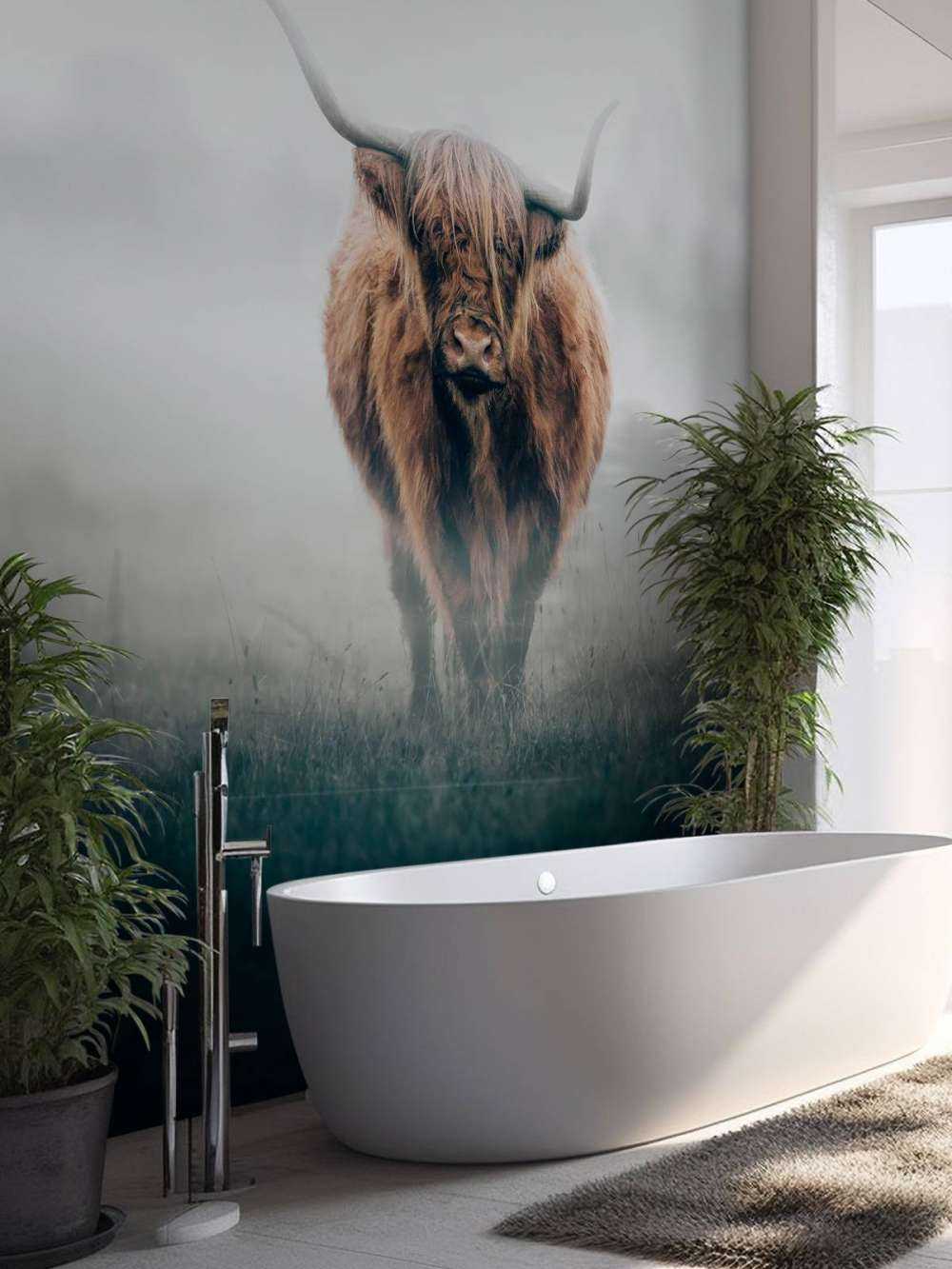 Schottischer Hochländer im dichten Nebel