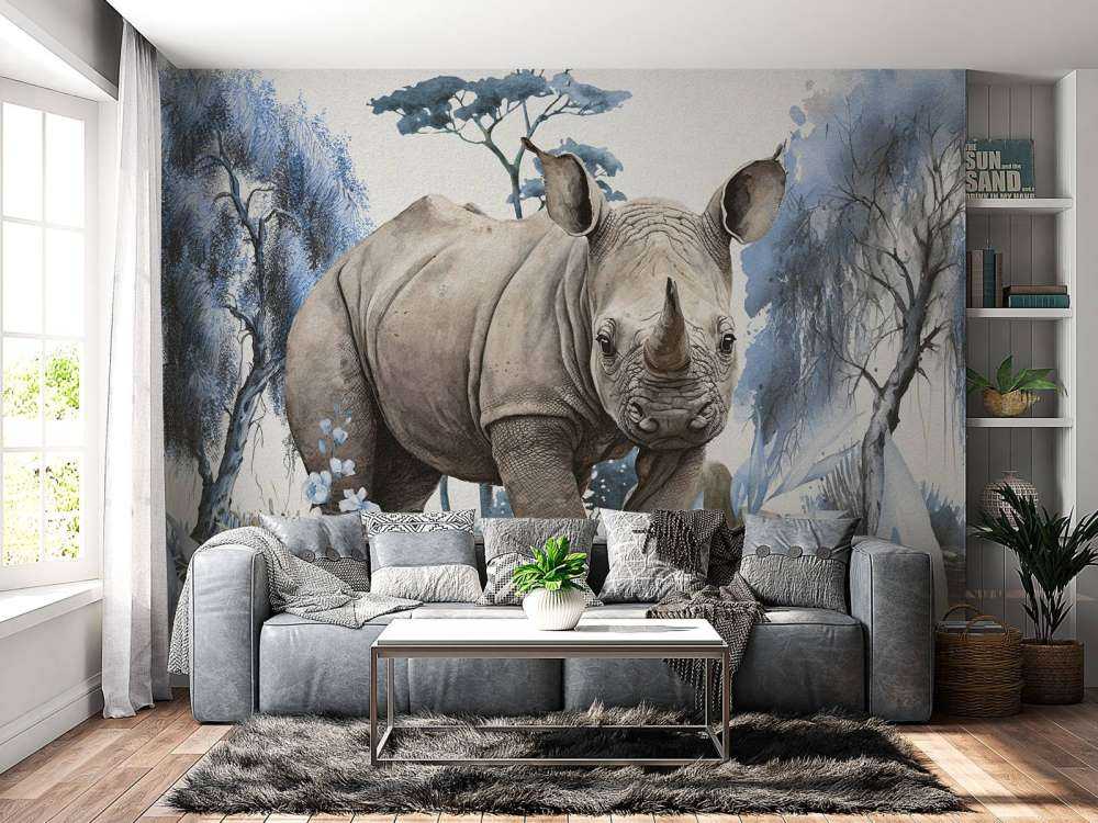 Baby-Nashorn in der Savanne blau
