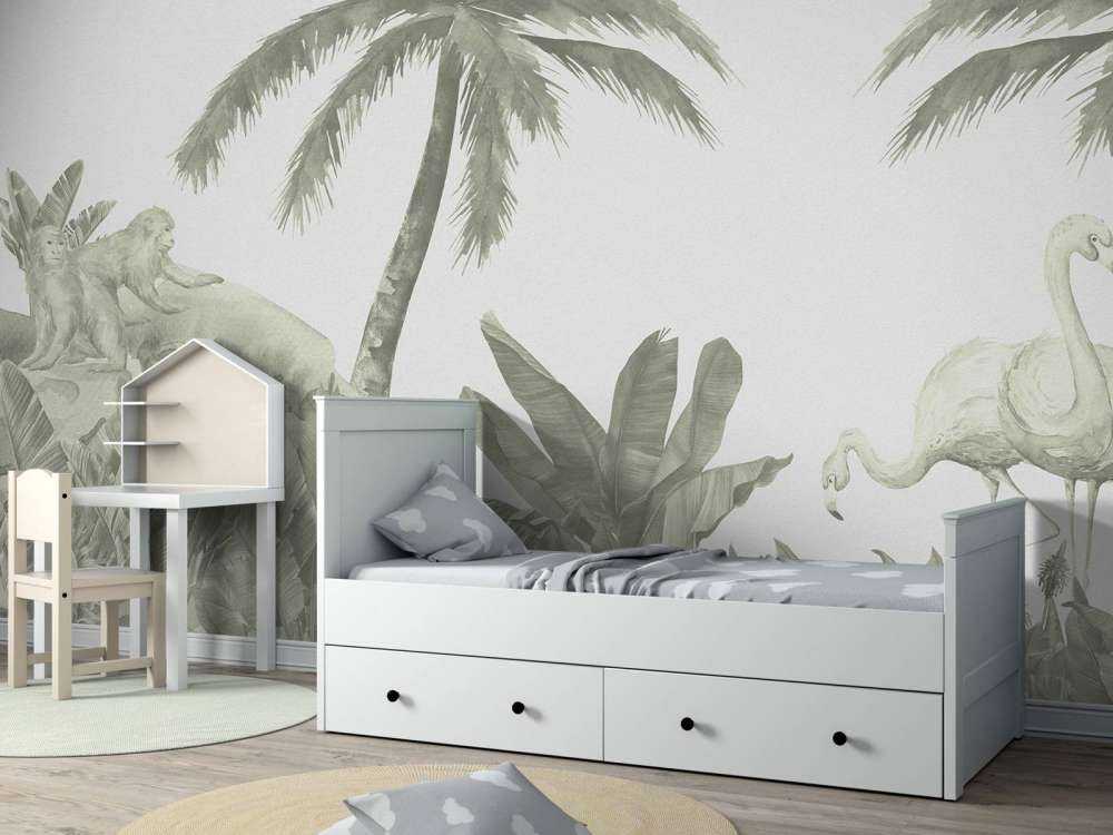 Affen und Flamingos in Grün