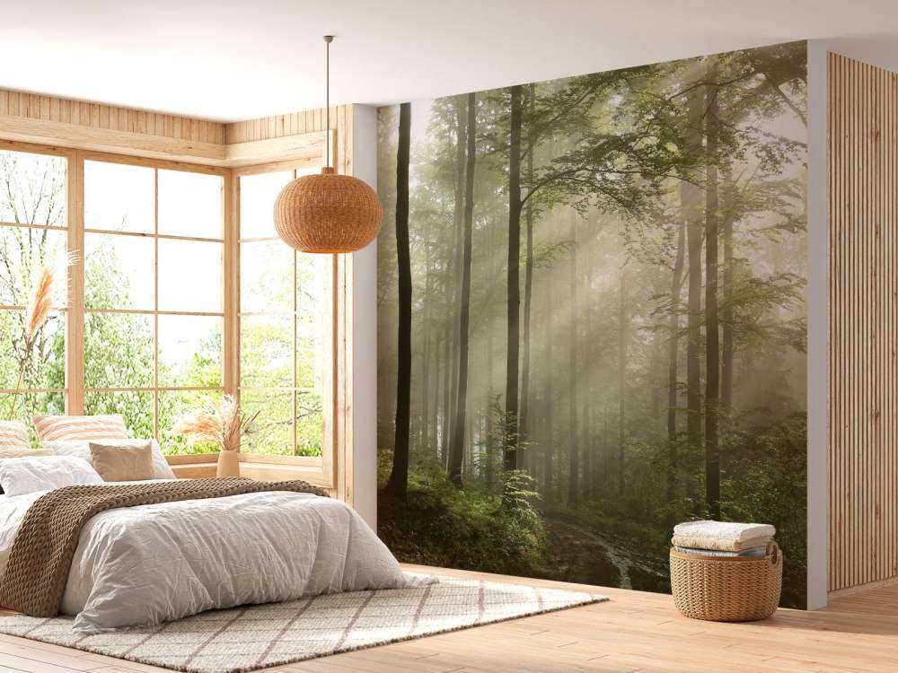 Grüner Wald im Nebel