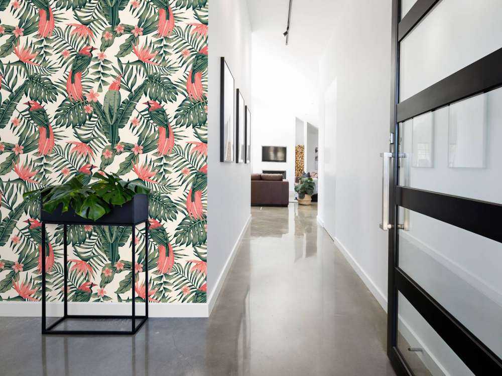 Tropische Pflanzen, Blumen und Vögel