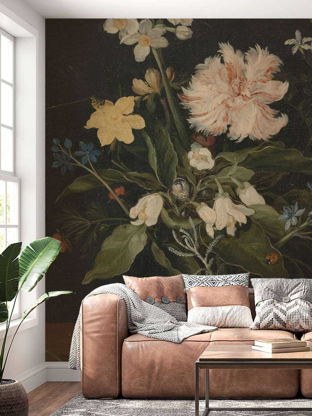 Stillleben mit Blumen in einem Glas auf Fototapete