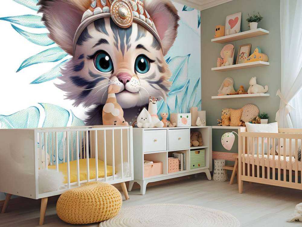 Babytiger und blaues Blatt