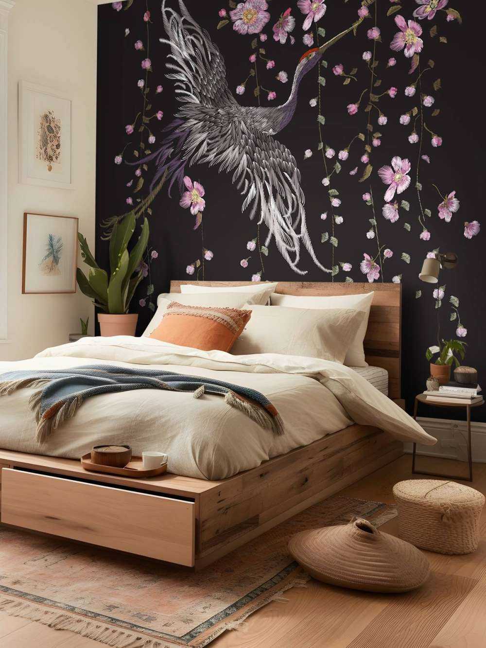 Kraniche mit rosa Blumen