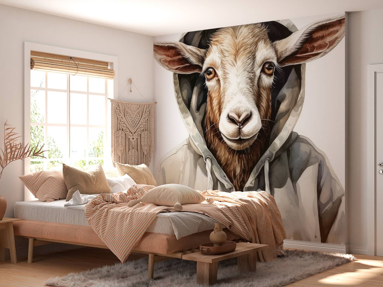 Fototapete - Aquarell-Cartoon-Ziege in einem Hoodie - Fototapete, image size:1600x1200