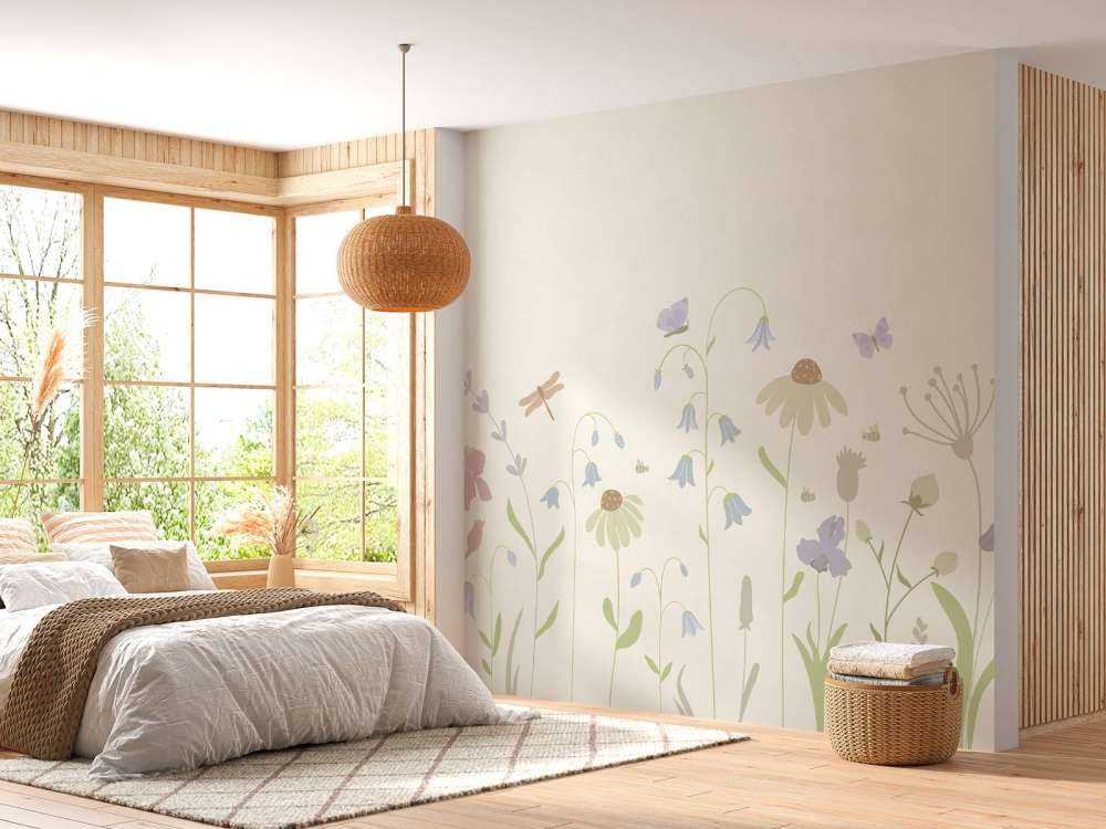 Blumenfeld hoch mit Schmetterlingen beige, altrosa, grün und flieder