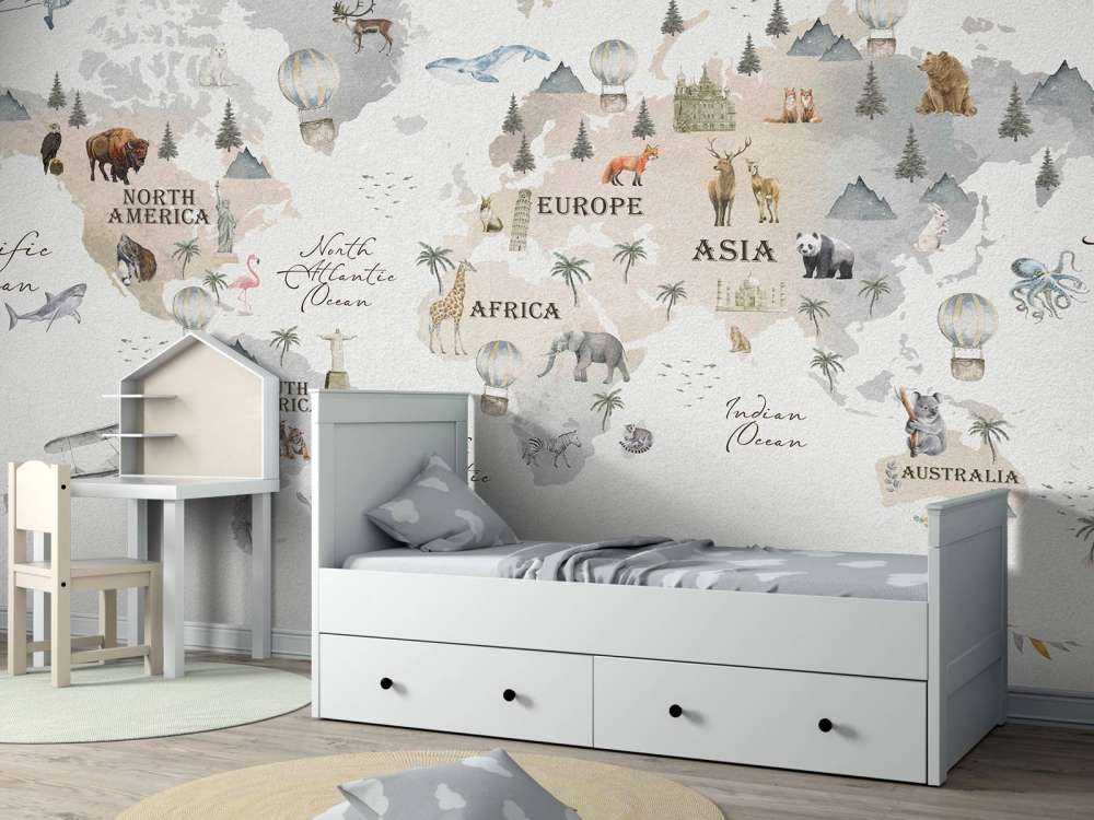 Weltkarte mit verschiedenen Tieren