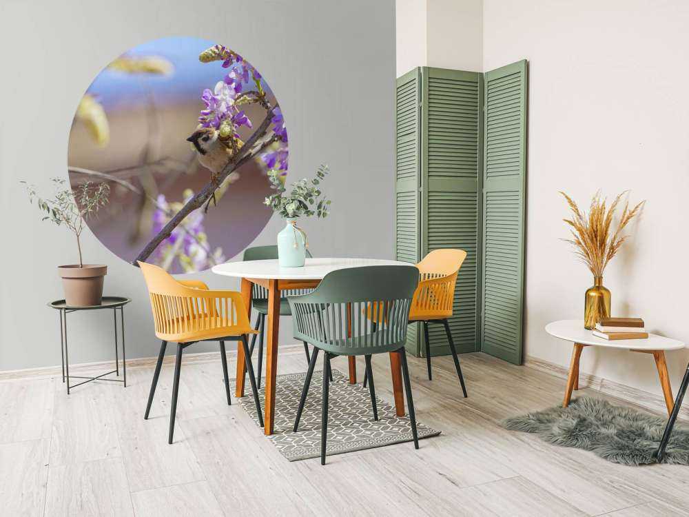 Spatz und lila Blumen