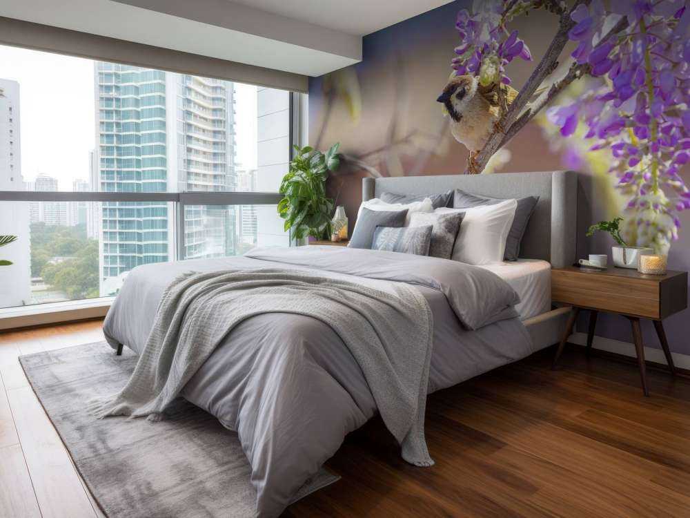 Spatz und lila Blumen