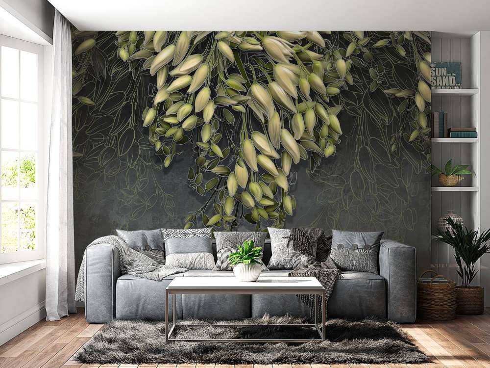 Weiße Blütenkelche auf dunkelgrauer Betonstruktur