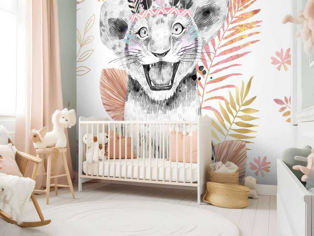 Löwenbaby mit korallenroten und goldenen Blättern