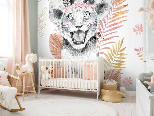 Löwenbaby mit korallenroten und goldenen Blättern