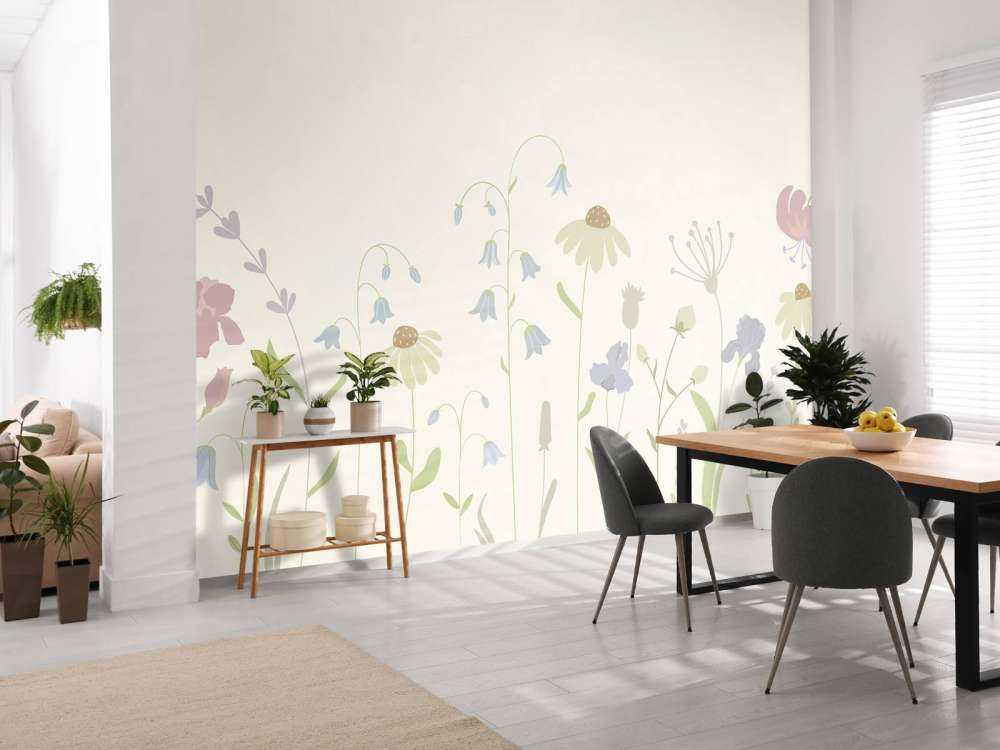 Blumenfeld in hochbeige, altrosa, grün und flieder