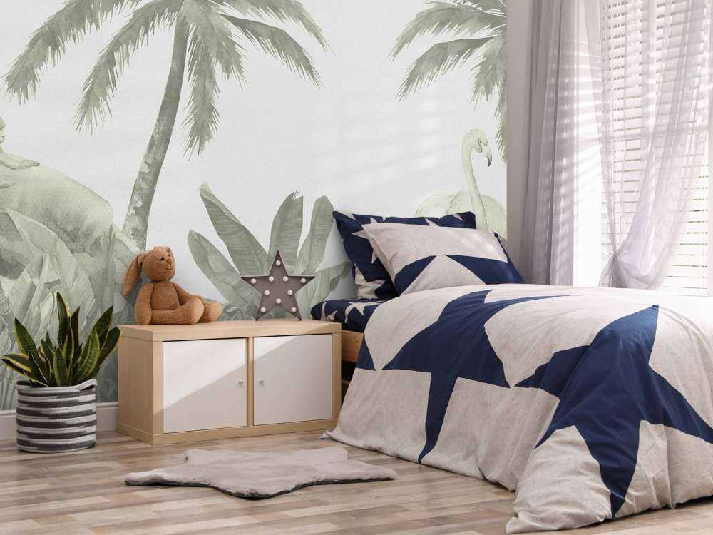 Affen und Flamingos in Grün