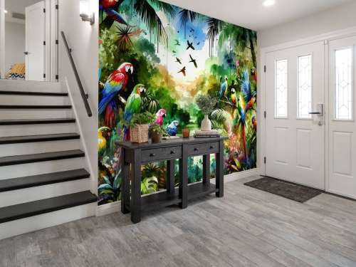 Watercolor Tropical Birds In The Jungle