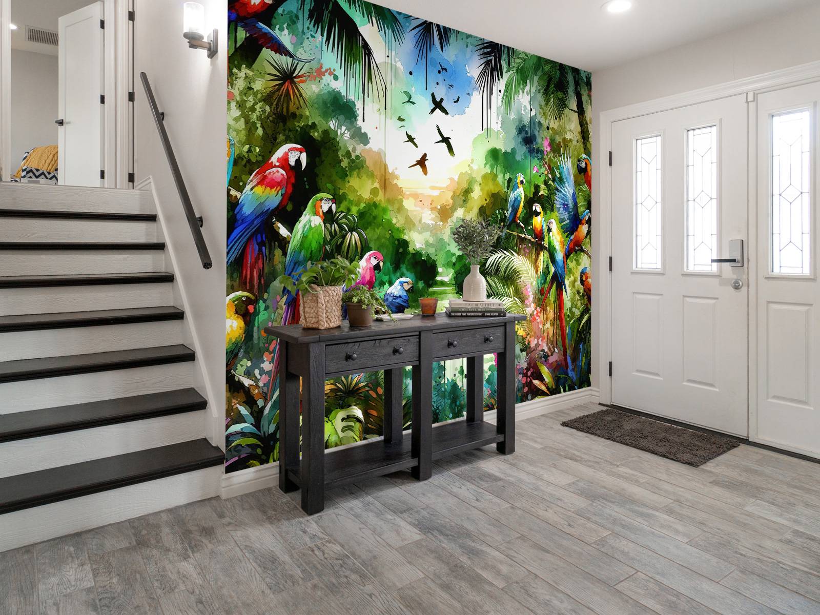 Watercolor Tropical Birds In The Jungle
