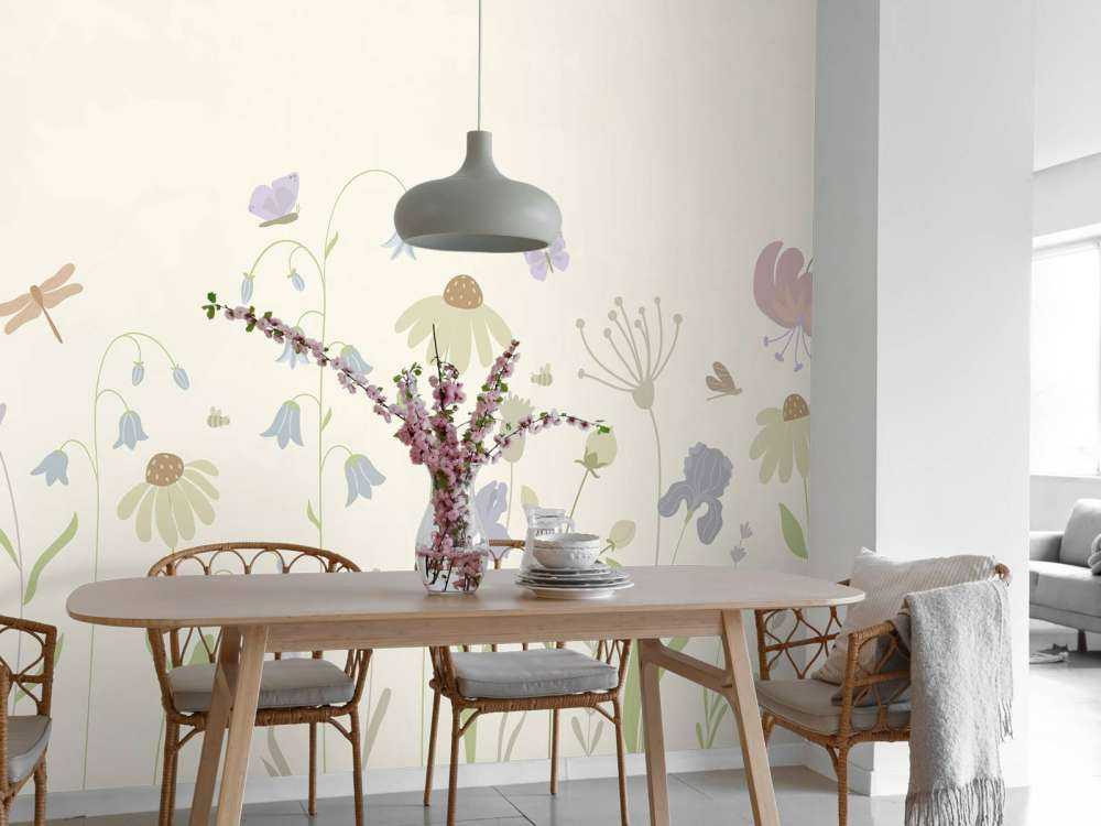 Blumenfeld hoch mit Schmetterlingen beige, altrosa, grün und flieder