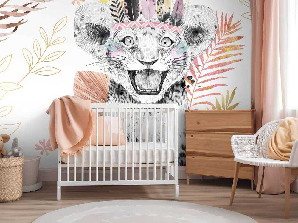 Löwenbaby mit korallenroten und goldenen Blättern