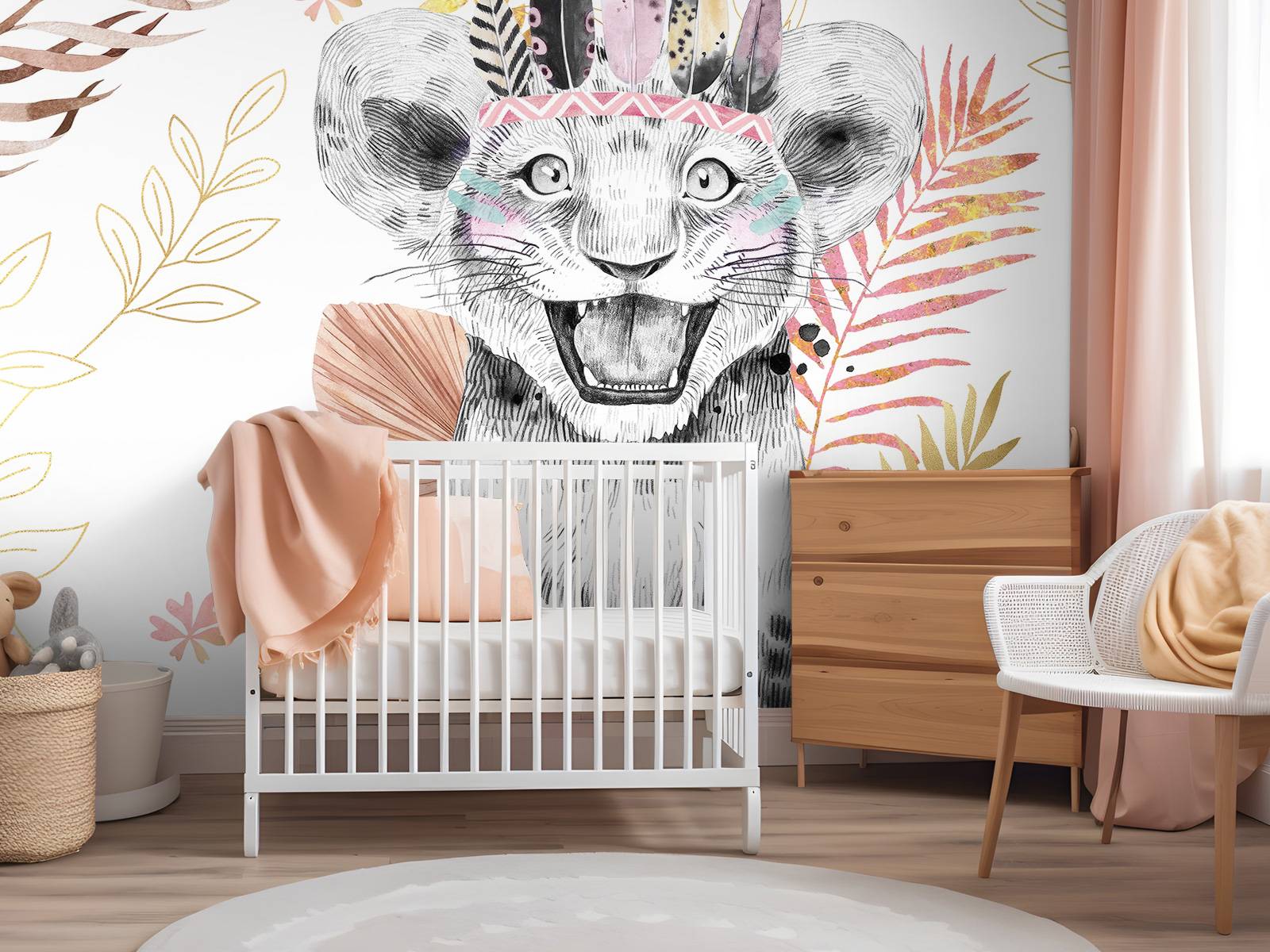 Löwenbaby mit korallenroten und goldenen Blättern