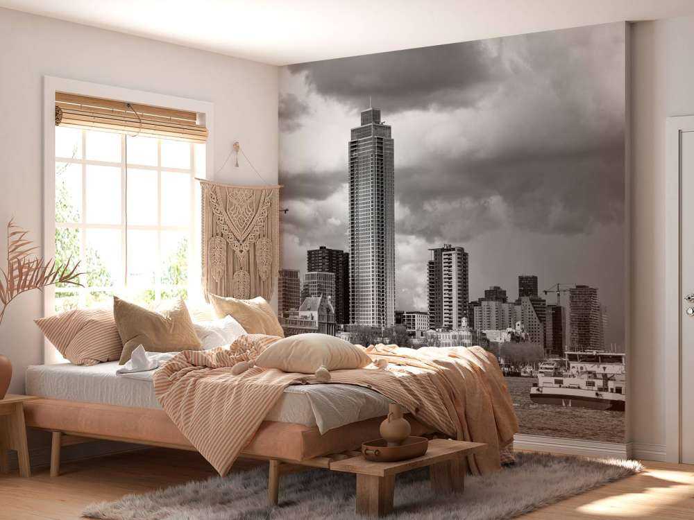 Skyline von Rotterdam (Westerkade) von Katendrecht aus (schwarz-weiß) 
