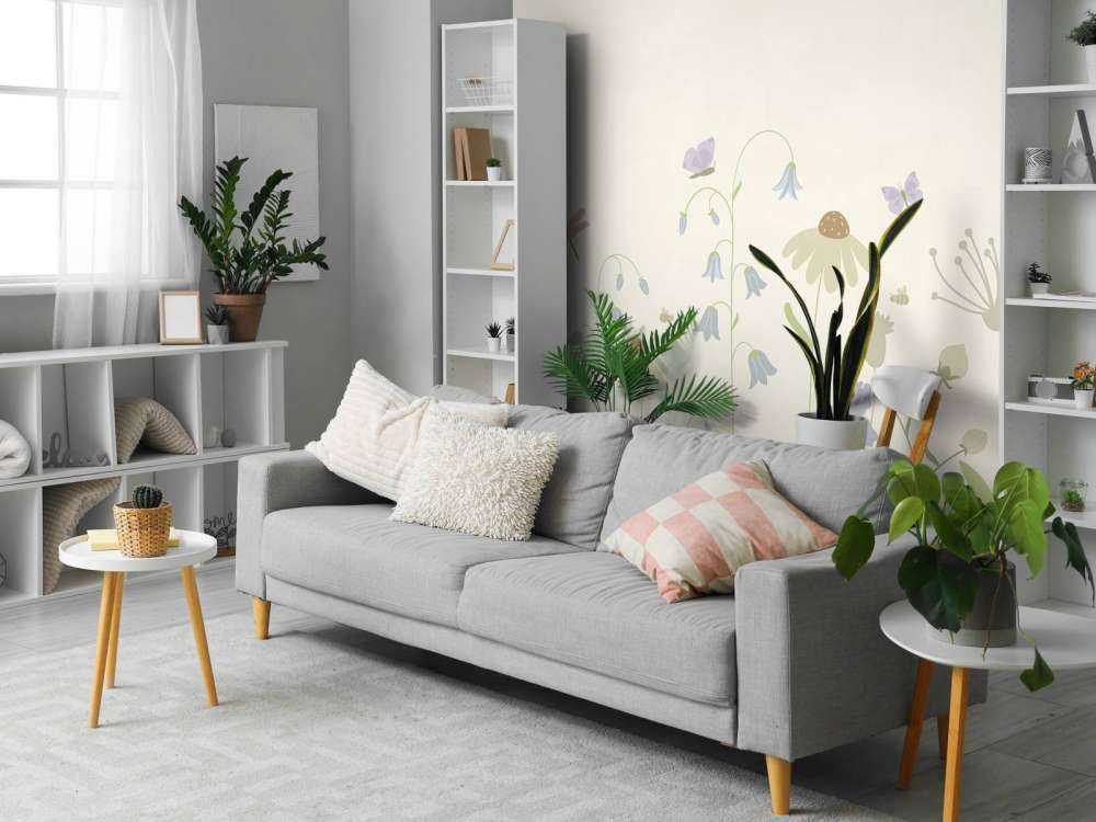 Blumenfeld hoch mit Schmetterlingen beige, altrosa, grün und flieder