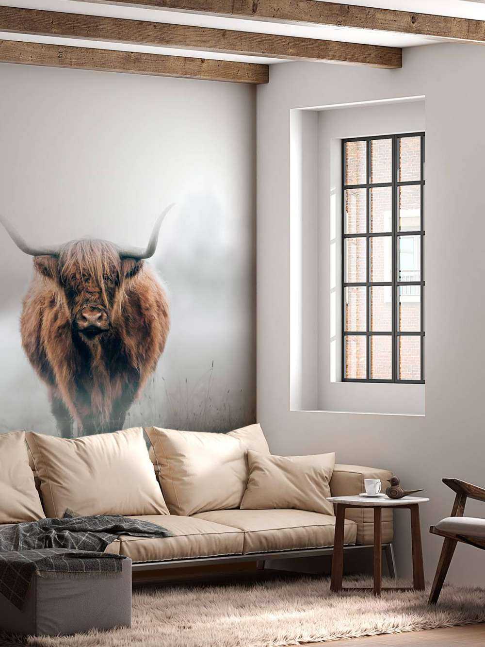 Schottischer Hochländer im dichten Nebel