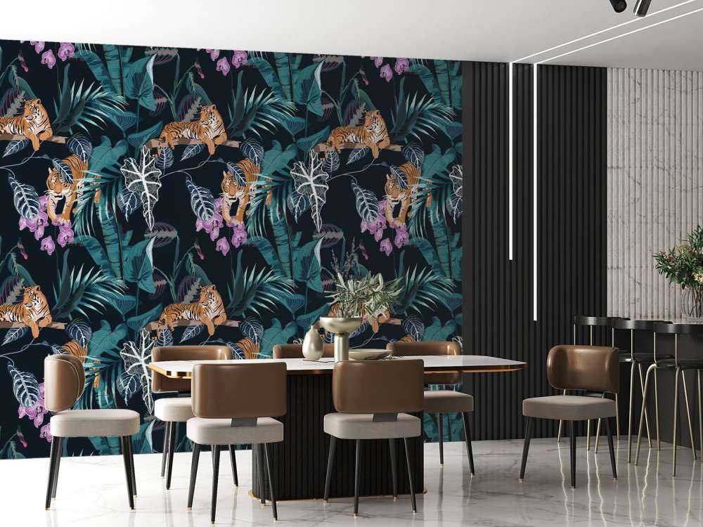 Tiger, Blätter und Blumen