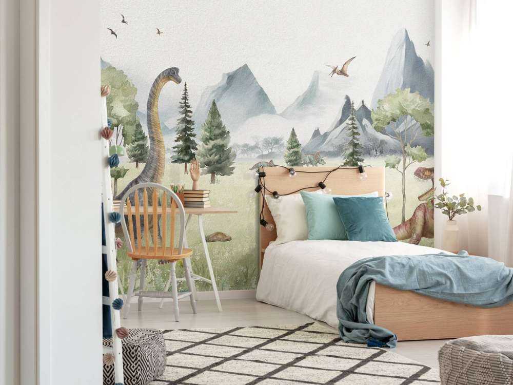 Landschaft mit Dinosauriern in Farbe