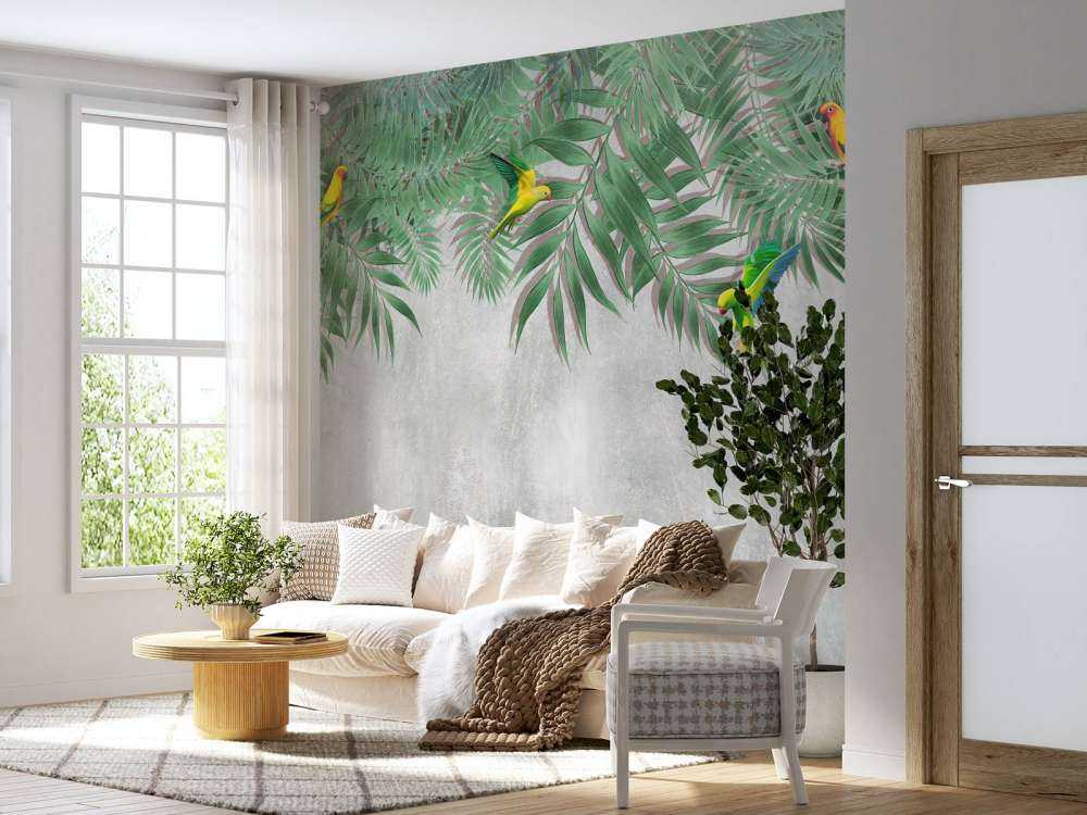 Tropische Blätter und Sittiche