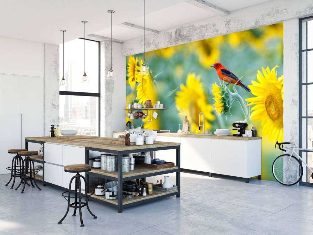 Sonnenblumenfeld mit rotem Vogel