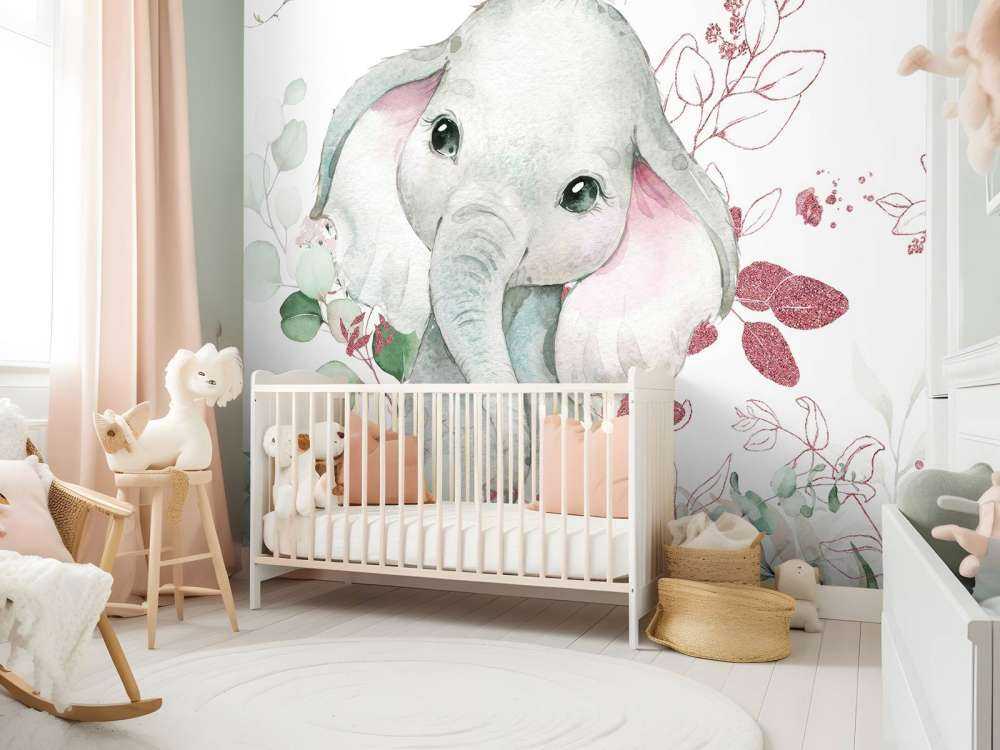 Elefantenbaby mit Minze und rosa Blättern