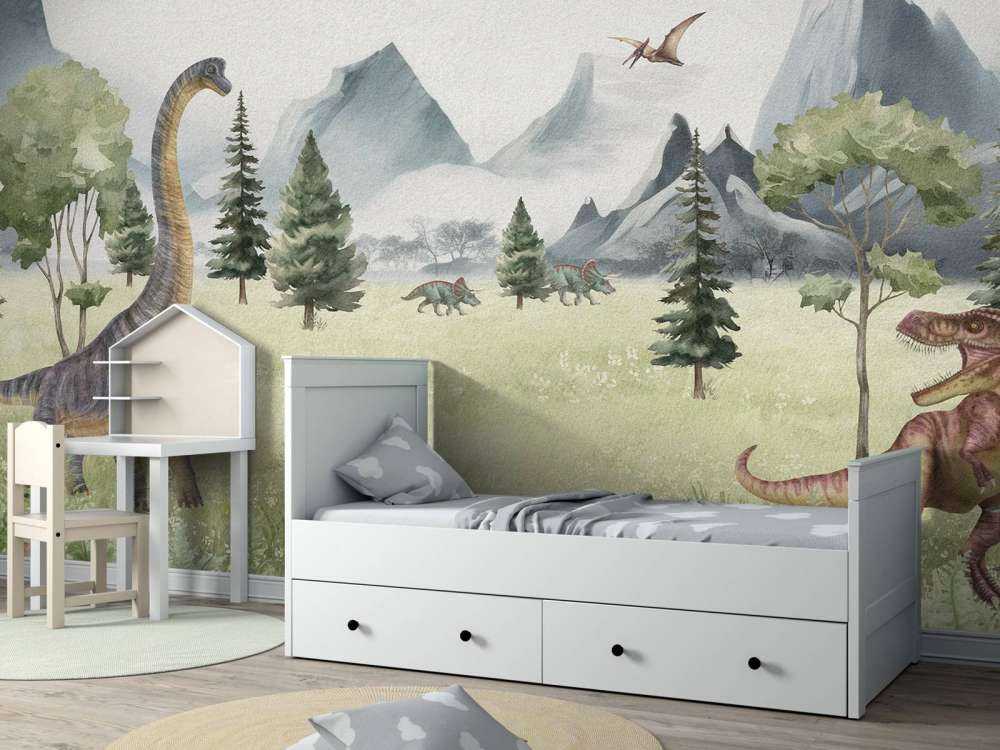 Landschaft mit Dinosauriern in Farbe