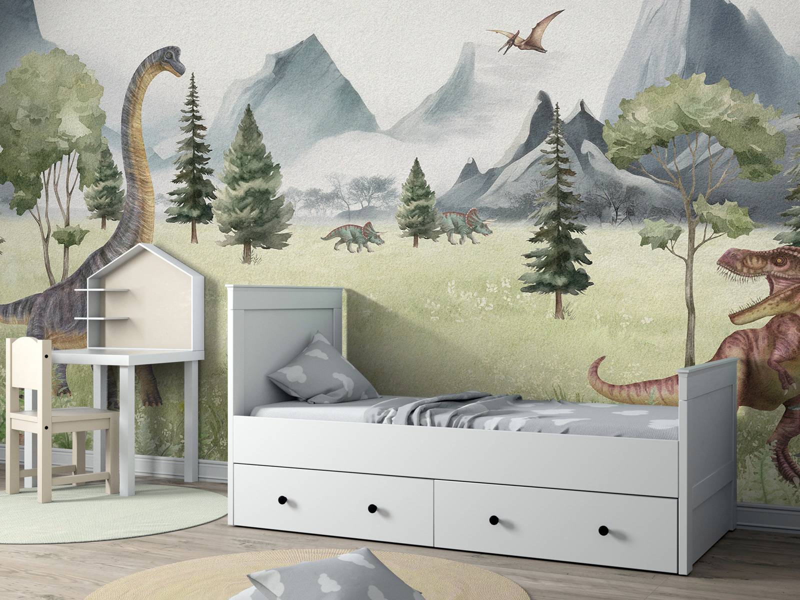 Landschaft mit Dinosauriern in Farbe