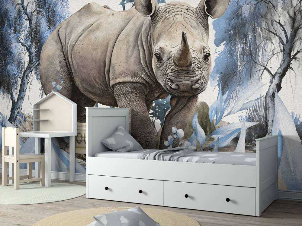 Baby-Nashorn in der Savanne blau